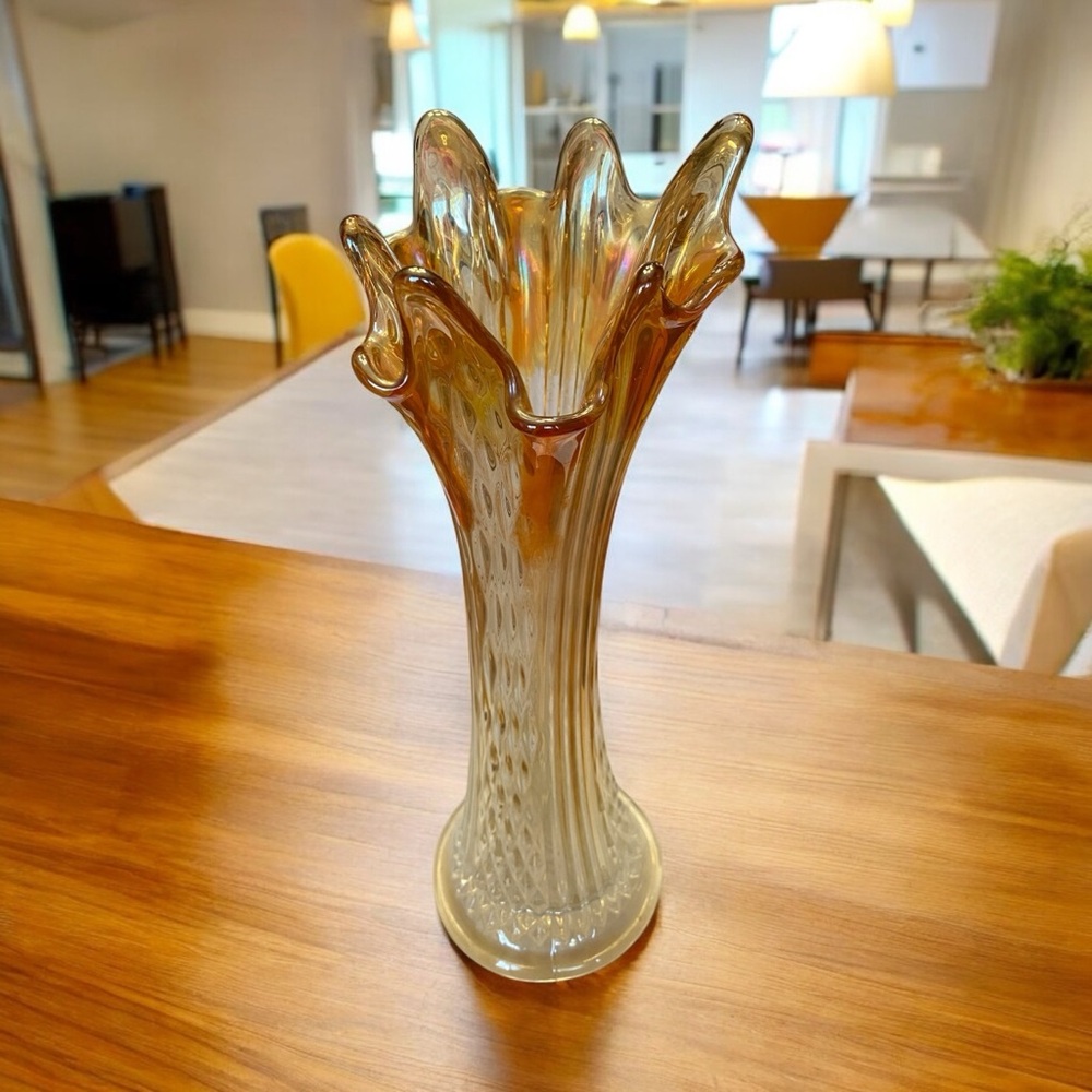 Vintage Fenton Marigold Carnival Glass Swung Vase Diamond Point Columns - Picture 7 of 12